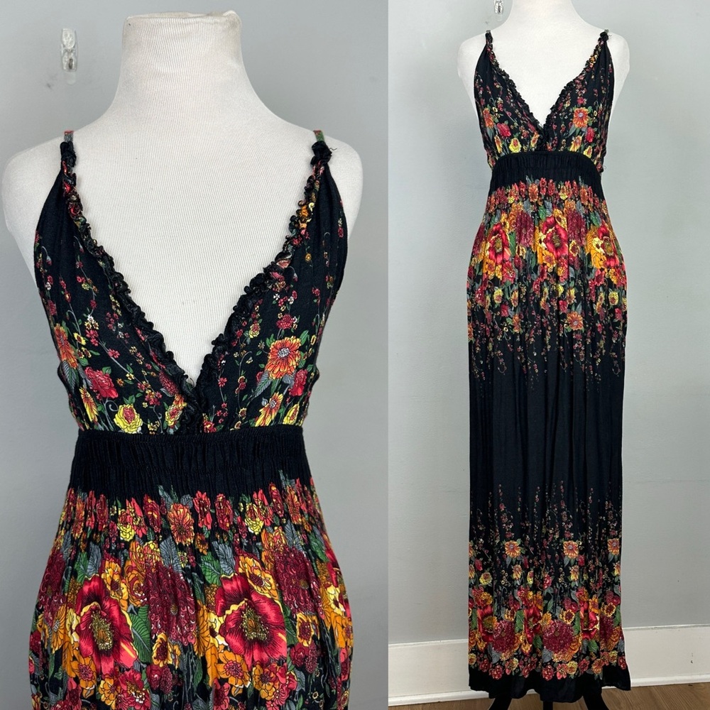 Floral Black Maxi Dress with V-Neck